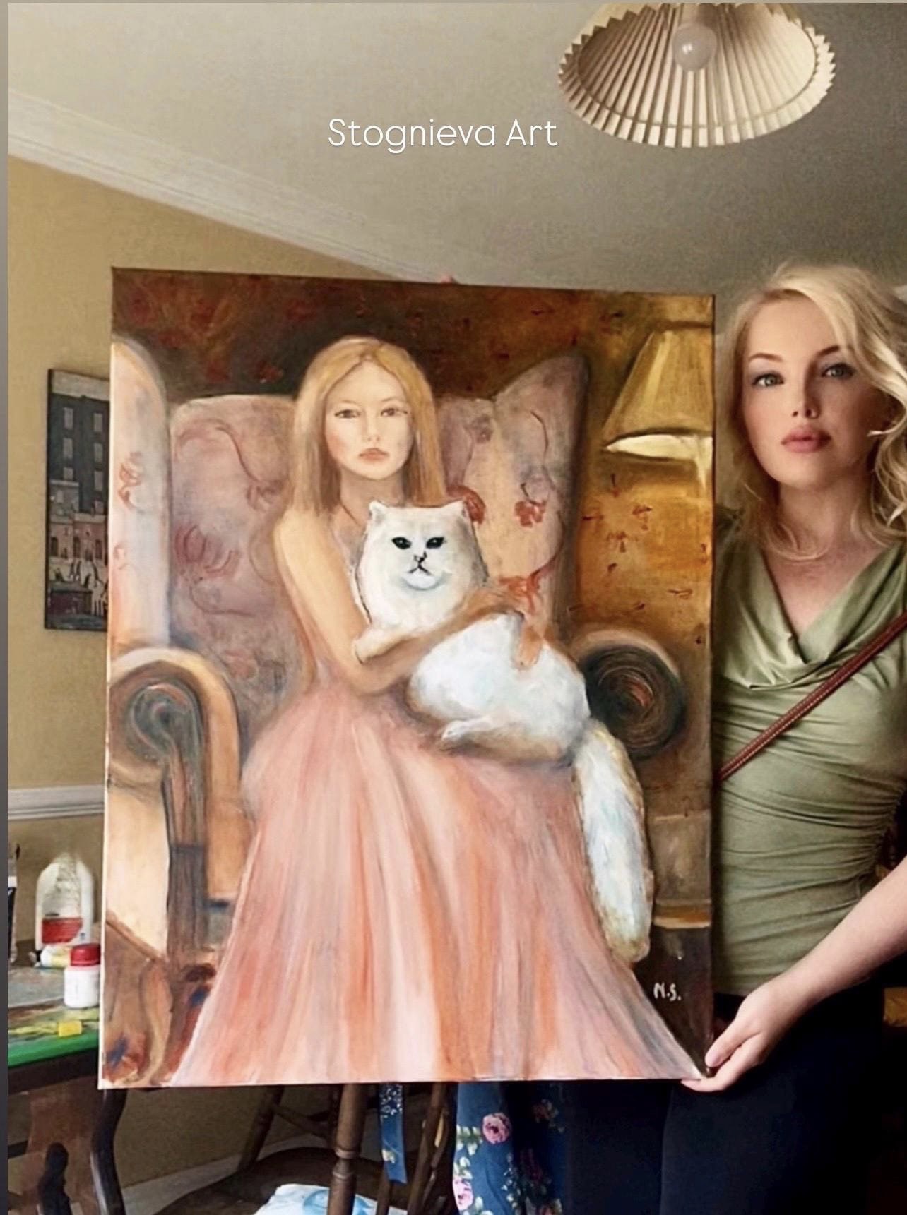 Ukrainian artist Marina Stognieva with Girl and Solomon the Cat after completing the painting